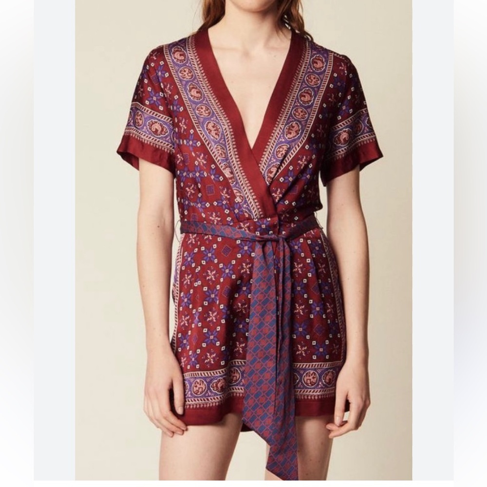Sandro bandana print purple and burgundy silk romper